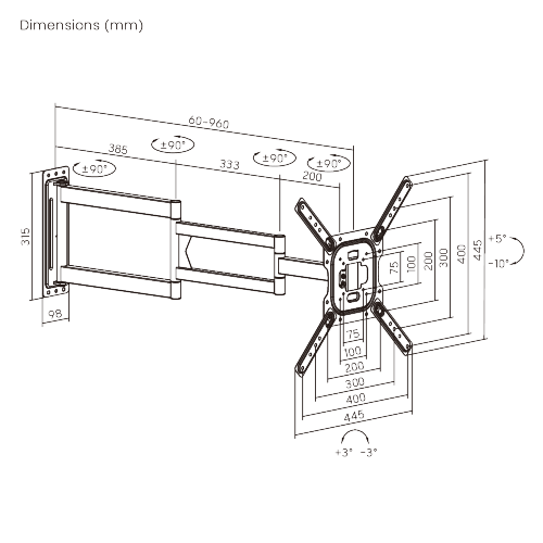 Wolff Mount TVB-15XL – Extra lange Full-Motion TV-muurbeugel tot 65 inch – tot 95 cm uit de muur! – VESA 400x400