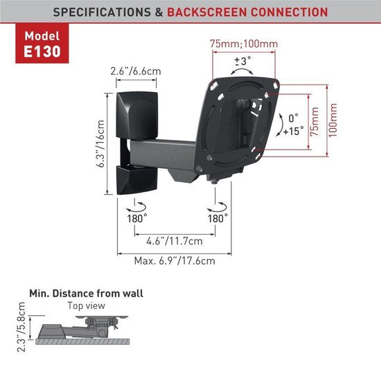 Soportes Barkan Soporte Compacto para TV para pantallas pequeñas | 13-29 pulgadas | Movimiento completo | Juegos | Distancia 5.8 cm - 17.6 cm