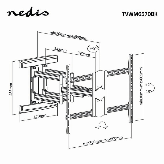 Soporte de pared para televisor de movimiento completo | 43 - 90" | Máx. 70 kg | 6 puntos de bisagra