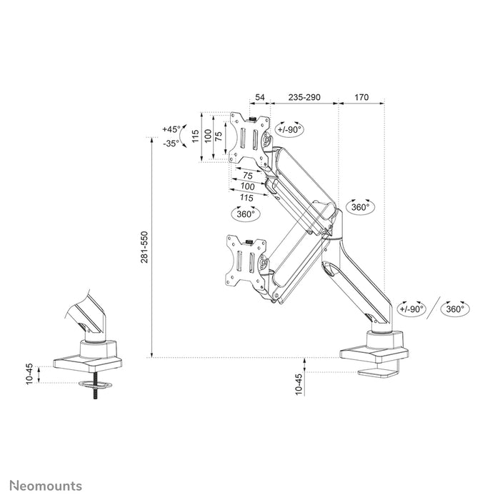 Neomounts DS70-450BL1 full motion monitor bureausteun voor 17-42 inch schermen - Zwart