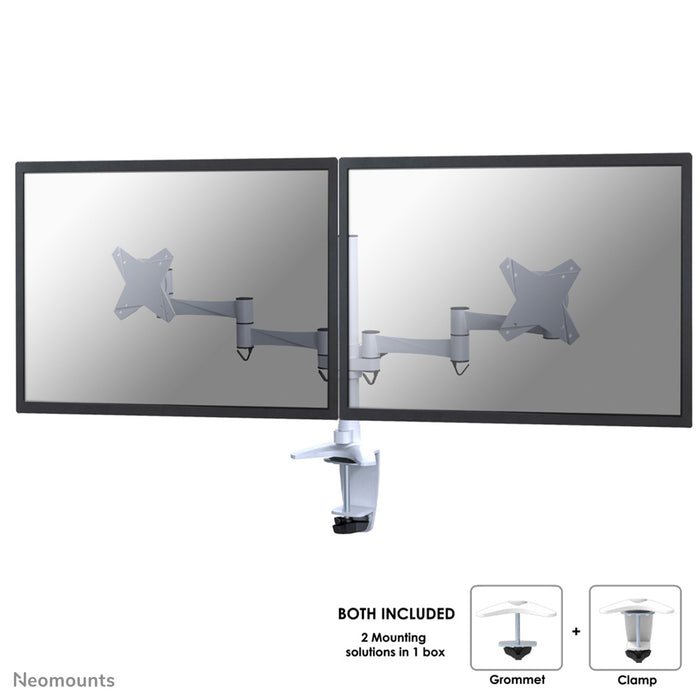 Neomounts FPMA-D1330D wit is een bureausteun voor 2 flat screens t/m 27 inch (69 cm).