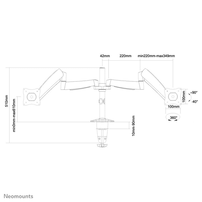 Neomounts FPMA-D950D is een bureausteun met gasveer voor flat screens t/m 27 inch (69 cm).