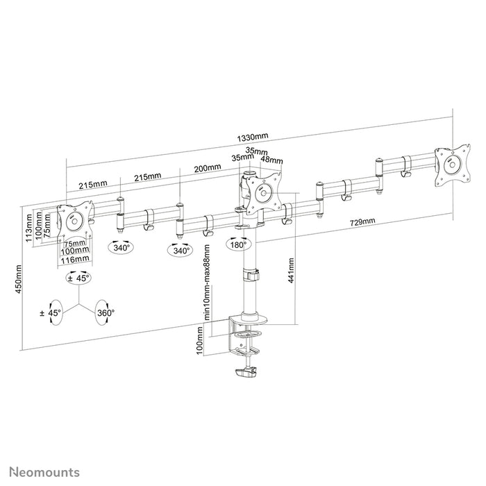 Neomounts NM-D135D3 negro es un soporte de escritorio para 3 pantallas planas de hasta 27 pulgadas (69 cm).