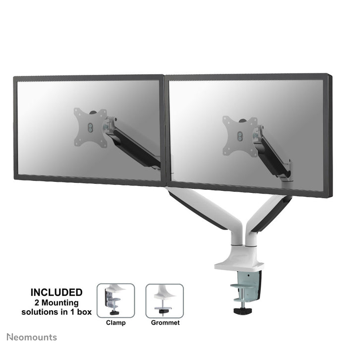 Neomounts NM-D750D wit es un soporte de escritorio con resorte de gas para dos pantallas planas de hasta 32 pulgadas (82 cm).