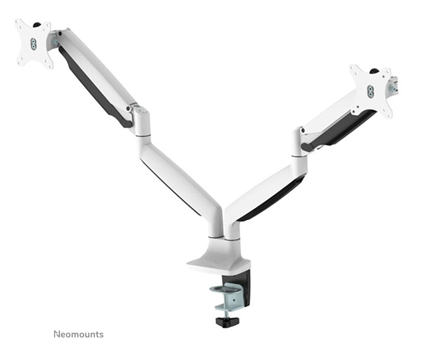 Neomounts NM-D750D wit es un soporte de escritorio con resorte de gas para dos pantallas planas de hasta 32 pulgadas (82 cm).