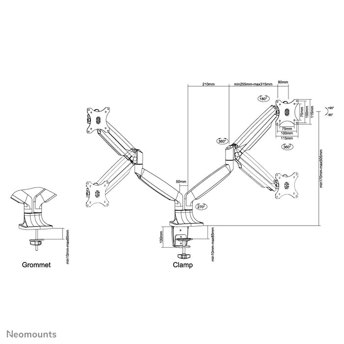 Neomounts NM-D750D wit es un soporte de escritorio con resorte de gas para dos pantallas planas de hasta 32 pulgadas (82 cm).