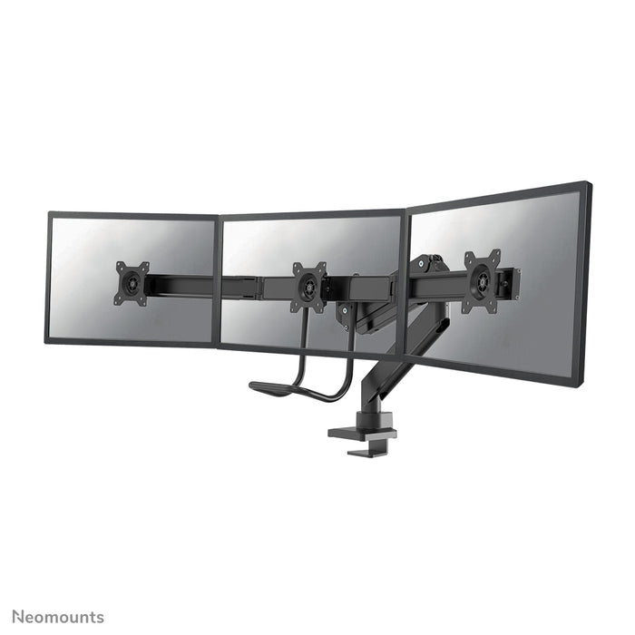 Neomounts NM-D775DX3 negro es un soporte de escritorio con resorte de gas, barra transversal y palanca para pantallas planas de hasta 27 pulgadas (68,6 cm).