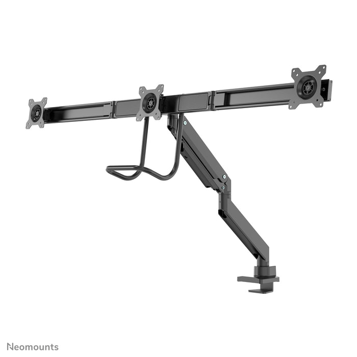 Neomounts NM-D775DX3 negro es un soporte de escritorio con resorte de gas, barra transversal y palanca para pantallas planas de hasta 27 pulgadas (68,6 cm).