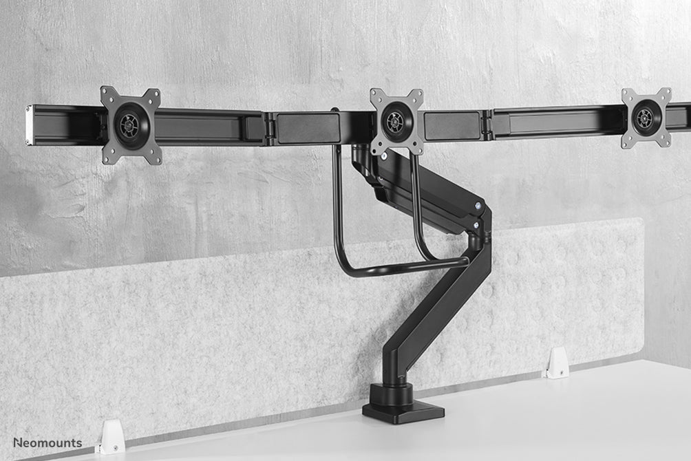 Neomounts NM-D775DX3 negro es un soporte de escritorio con resorte de gas, barra transversal y palanca para pantallas planas de hasta 27 pulgadas (68,6 cm).