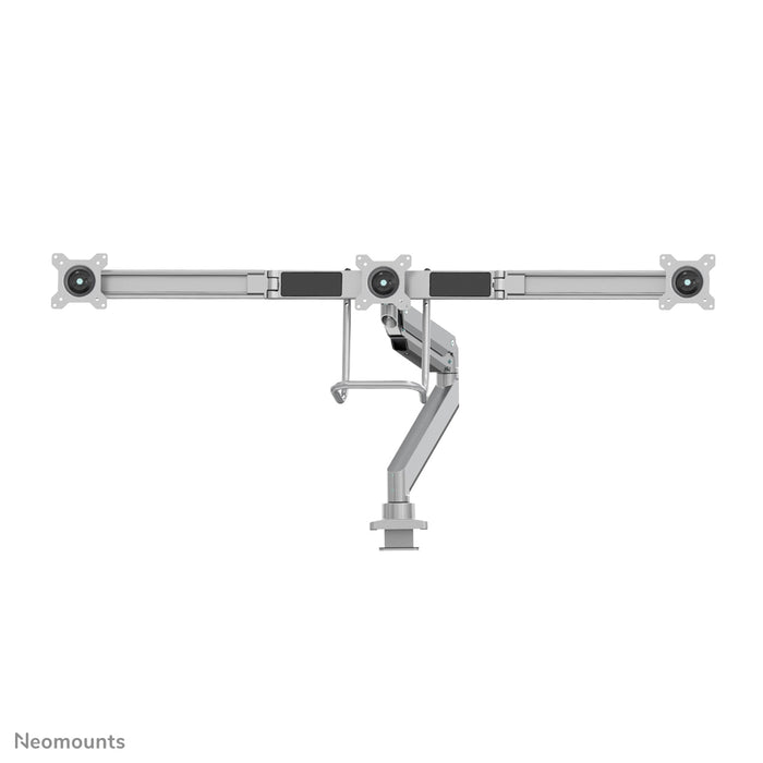 Neomounts NM-D775DX3 plata es un soporte de escritorio con resorte de gas, barra transversal y palanca para pantallas planas de hasta 27 pulgadas (68,6 cm).