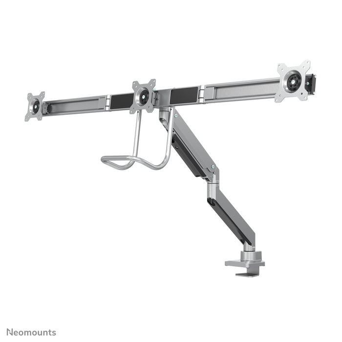 Neomounts NM-D775DX3 plata es un soporte de escritorio con resorte de gas, barra transversal y palanca para pantallas planas de hasta 27 pulgadas (68,6 cm).