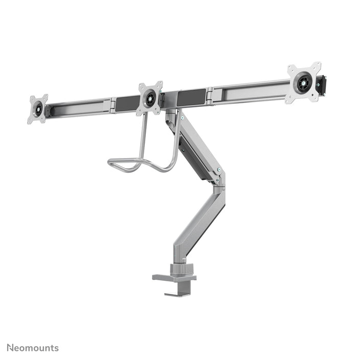 Neomounts NM-D775DX3 plata es un soporte de escritorio con resorte de gas, barra transversal y palanca para pantallas planas de hasta 27 pulgadas (68,6 cm).