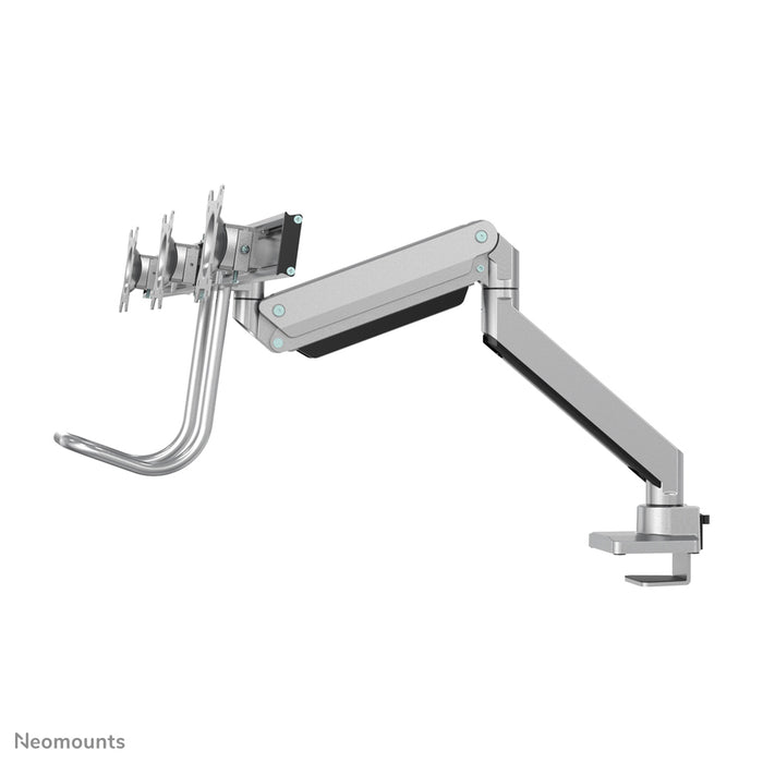 Neomounts NM-D775DX3 plata es un soporte de escritorio con resorte de gas, barra transversal y palanca para pantallas planas de hasta 27 pulgadas (68,6 cm).