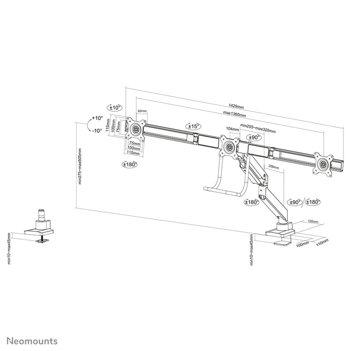Neomounts NM-D775DX3 plata es un soporte de escritorio con resorte de gas, barra transversal y palanca para pantallas planas de hasta 27 pulgadas (68,6 cm).