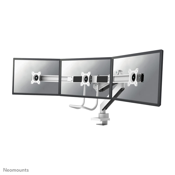 Neomounts NM-D775DX3 blanco es un soporte de escritorio con resorte de gas, barra transversal y palanca para pantallas planas de hasta 27 pulgadas (68,6 cm).