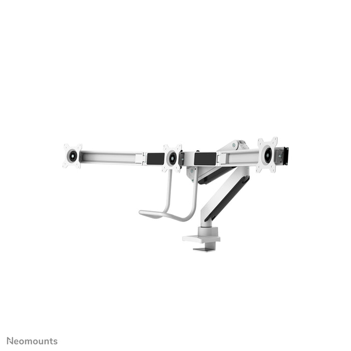 Neomounts NM-D775DX3 blanco es un soporte de escritorio con resorte de gas, barra transversal y palanca para pantallas planas de hasta 27 pulgadas (68,6 cm).