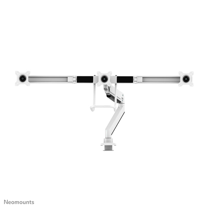Neomounts NM-D775DX3 blanco es un soporte de escritorio con resorte de gas, barra transversal y palanca para pantallas planas de hasta 27 pulgadas (68,6 cm).