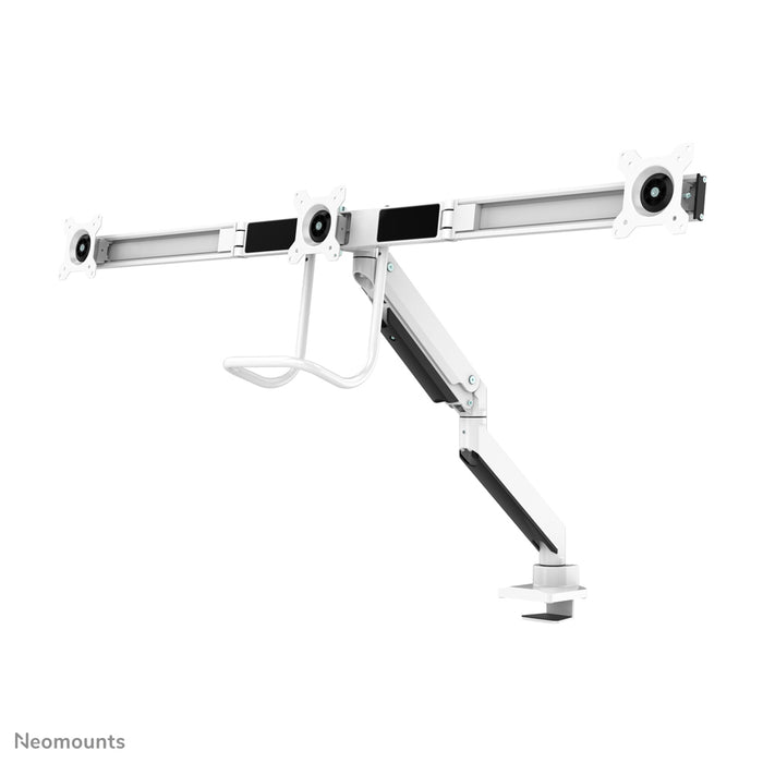 Neomounts NM-D775DX3 blanco es un soporte de escritorio con resorte de gas, barra transversal y palanca para pantallas planas de hasta 27 pulgadas (68,6 cm).