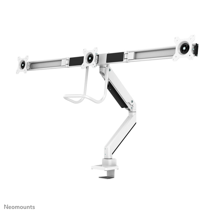Neomounts NM-D775DX3 blanco es un soporte de escritorio con resorte de gas, barra transversal y palanca para pantallas planas de hasta 27 pulgadas (68,6 cm).