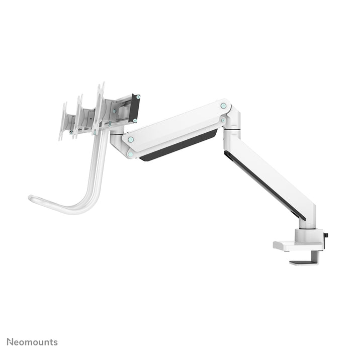 Neomounts NM-D775DX3 blanco es un soporte de escritorio con resorte de gas, barra transversal y palanca para pantallas planas de hasta 27 pulgadas (68,6 cm).