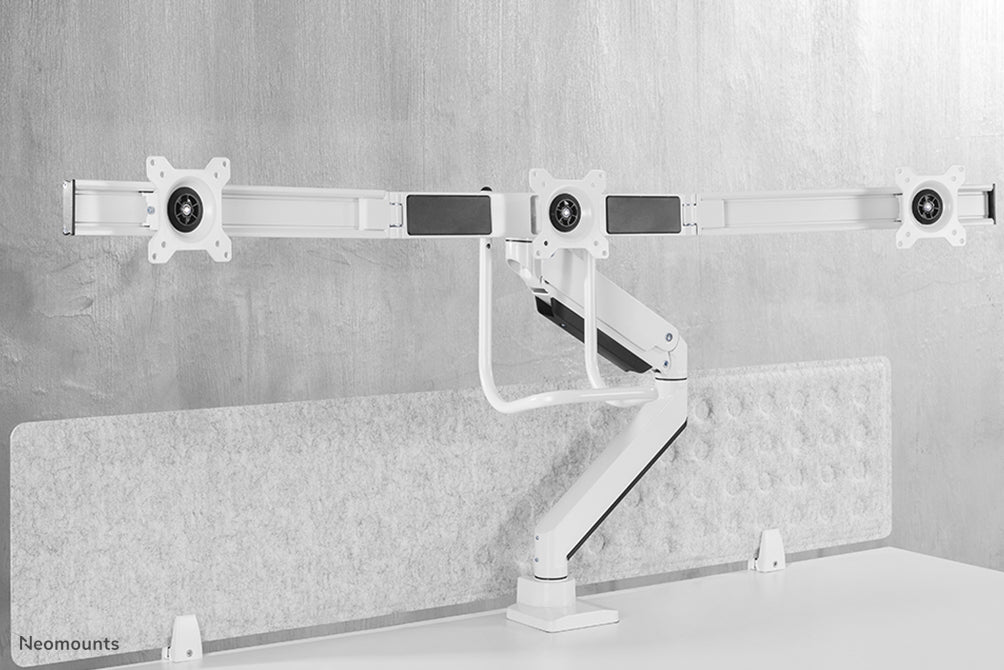 Neomounts NM-D775DX3 blanco es un soporte de escritorio con resorte de gas, barra transversal y palanca para pantallas planas de hasta 27 pulgadas (68,6 cm).