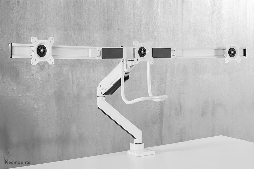 Neomounts NM-D775DX3 blanco es un soporte de escritorio con resorte de gas, barra transversal y palanca para pantallas planas de hasta 27 pulgadas (68,6 cm).