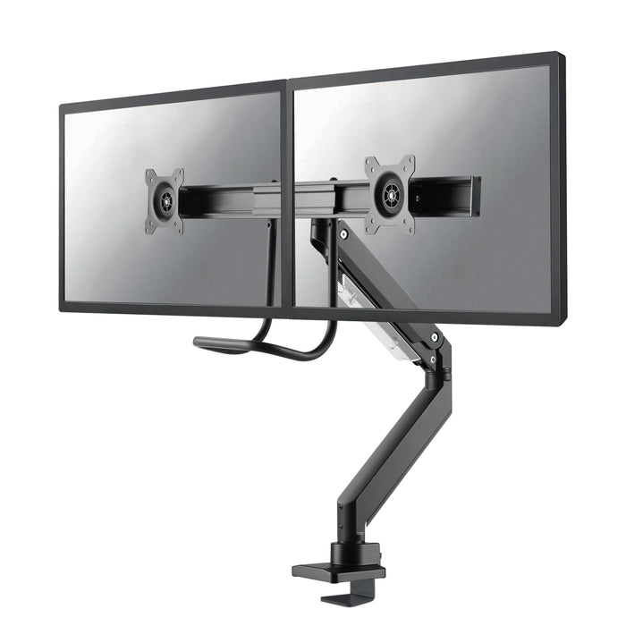 Neomounts NM-D775DX negro es un soporte de escritorio con resorte de gas, barra transversal y palanca para pantallas planas de hasta 32 pulgadas (81 cm).