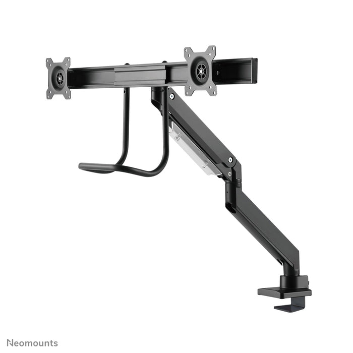 Neomounts NM-D775DX negro es un soporte de escritorio con resorte de gas, barra transversal y palanca para pantallas planas de hasta 32 pulgadas (81 cm).