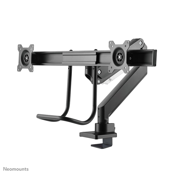 Neomounts NM-D775DX negro es un soporte de escritorio con resorte de gas, barra transversal y palanca para pantallas planas de hasta 32 pulgadas (81 cm).