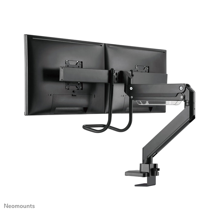Neomounts NM-D775DX negro es un soporte de escritorio con resorte de gas, barra transversal y palanca para pantallas planas de hasta 32 pulgadas (81 cm).