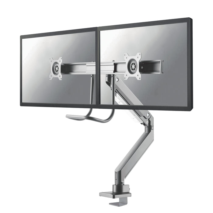 Neomounts NM-D775DX plata es un soporte de escritorio con resorte de gas, barra transversal y palanca para pantallas planas de hasta 32 pulgadas (81 cm).