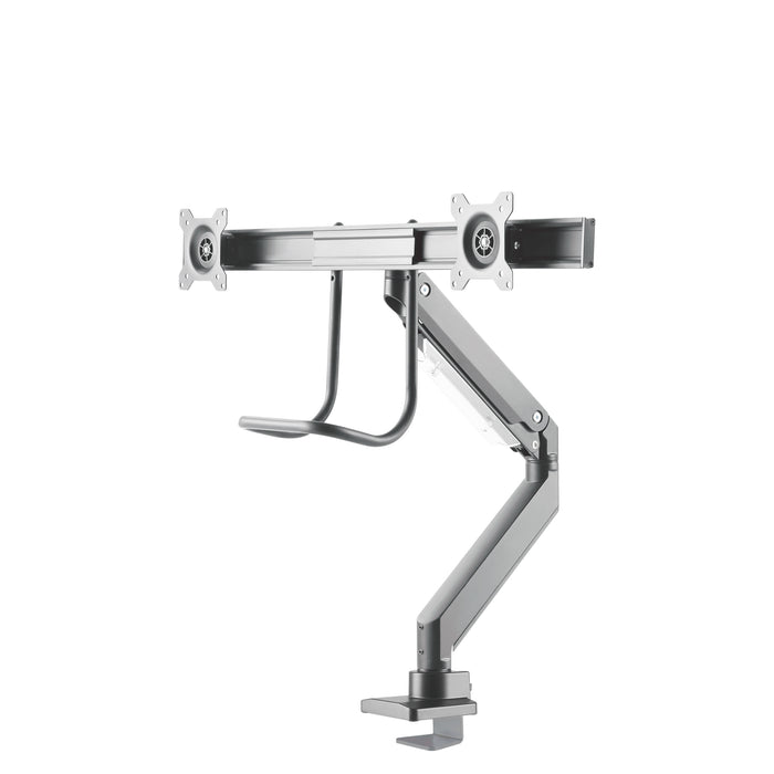 Neomounts NM-D775DX plata es un soporte de escritorio con resorte de gas, barra transversal y palanca para pantallas planas de hasta 32 pulgadas (81 cm).