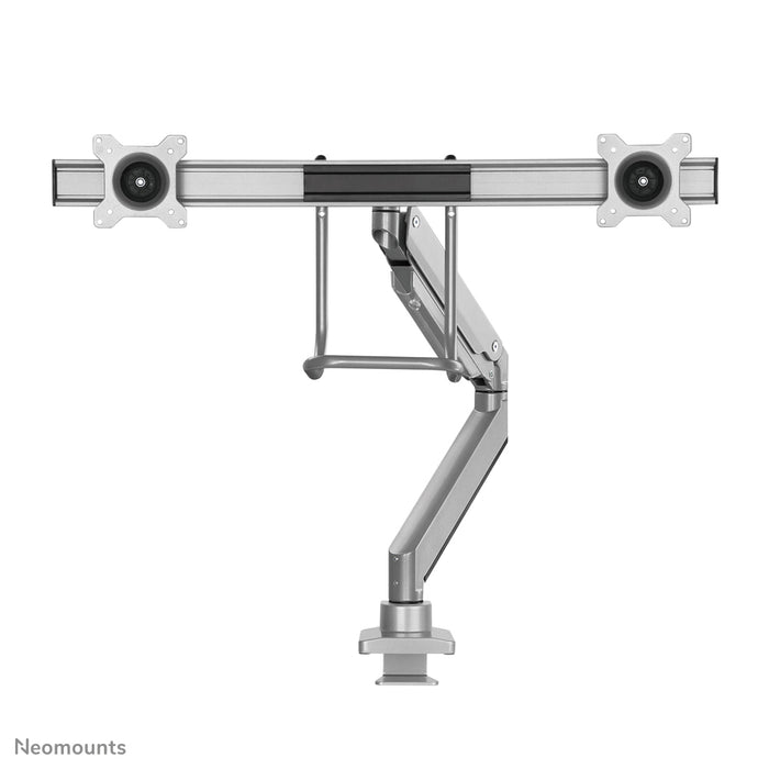 Neomounts NM-D775DX plata es un soporte de escritorio con resorte de gas, barra transversal y palanca para pantallas planas de hasta 32 pulgadas (81 cm).