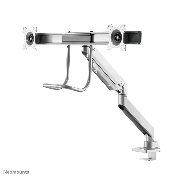 Neomounts NM-D775DX plata es un soporte de escritorio con resorte de gas, barra transversal y palanca para pantallas planas de hasta 32 pulgadas (81 cm).