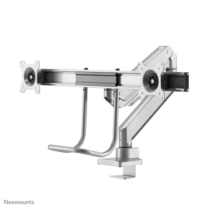 Neomounts NM-D775DX plata es un soporte de escritorio con resorte de gas, barra transversal y palanca para pantallas planas de hasta 32 pulgadas (81 cm).