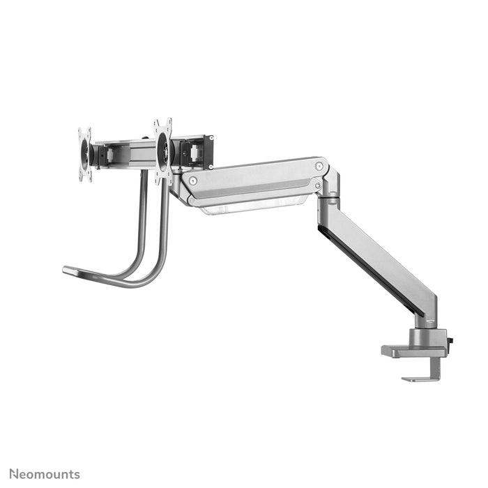 Neomounts NM-D775DX plata es un soporte de escritorio con resorte de gas, barra transversal y palanca para pantallas planas de hasta 32 pulgadas (81 cm).