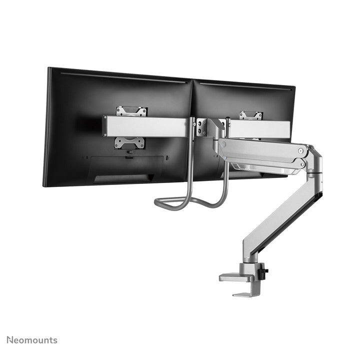 Neomounts NM-D775DX plata es un soporte de escritorio con resorte de gas, barra transversal y palanca para pantallas planas de hasta 32 pulgadas (81 cm).