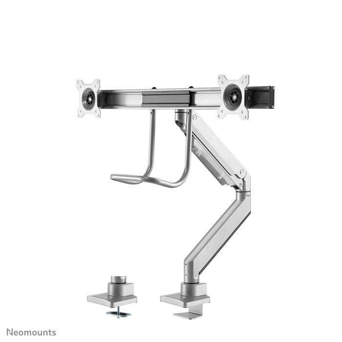 Neomounts NM-D775DX plata es un soporte de escritorio con resorte de gas, barra transversal y palanca para pantallas planas de hasta 32 pulgadas (81 cm).