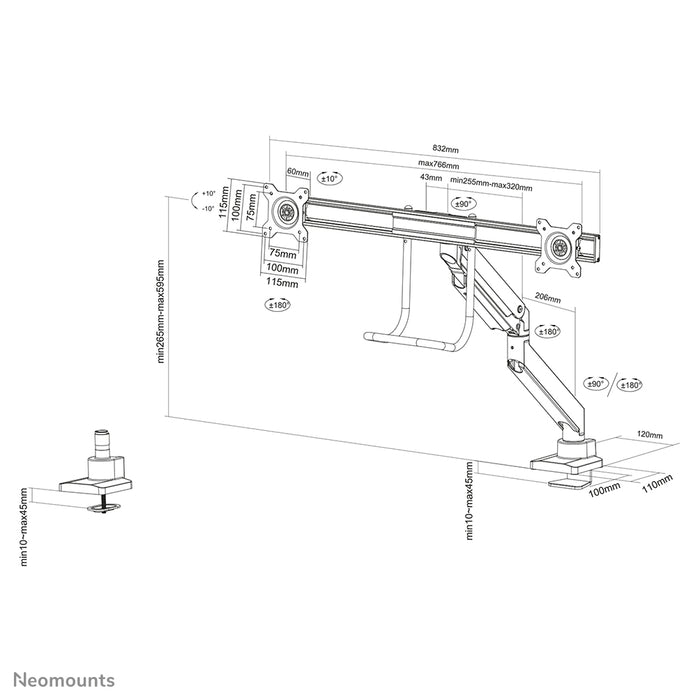 Neomounts NM-D775DX plata es un soporte de escritorio con resorte de gas, barra transversal y palanca para pantallas planas de hasta 32 pulgadas (81 cm).