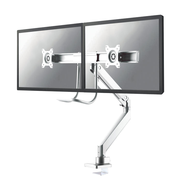 Neomounts NM-D775DX blanco es un soporte de escritorio con resorte de gas, barra transversal y palanca para pantallas planas de hasta 32 pulgadas (81 cm).