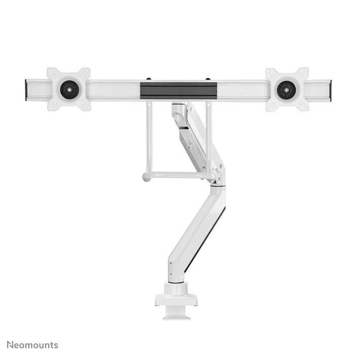 Neomounts NM-D775DX blanco es un soporte de escritorio con resorte de gas, barra transversal y palanca para pantallas planas de hasta 32 pulgadas (81 cm).