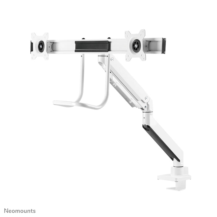 Neomounts NM-D775DX blanco es un soporte de escritorio con resorte de gas, barra transversal y palanca para pantallas planas de hasta 32 pulgadas (81 cm).
