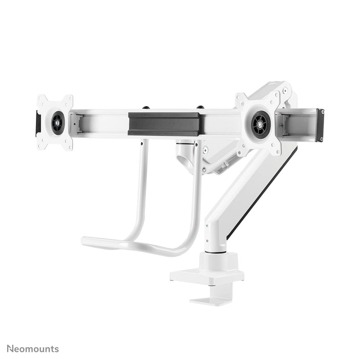 Neomounts NM-D775DX blanco es un soporte de escritorio con resorte de gas, barra transversal y palanca para pantallas planas de hasta 32 pulgadas (81 cm).