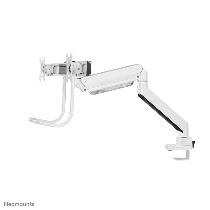 Neomounts NM-D775DX blanco es un soporte de escritorio con resorte de gas, barra transversal y palanca para pantallas planas de hasta 32 pulgadas (81 cm).