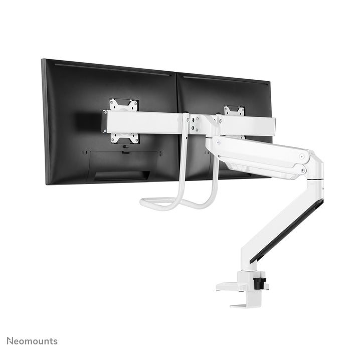 Neomounts NM-D775DX blanco es un soporte de escritorio con resorte de gas, barra transversal y palanca para pantallas planas de hasta 32 pulgadas (81 cm).