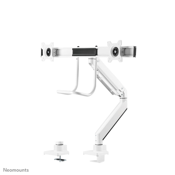 Neomounts NM-D775DX blanco es un soporte de escritorio con resorte de gas, barra transversal y palanca para pantallas planas de hasta 32 pulgadas (81 cm).