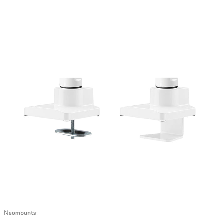 Neomounts NM-D775DX blanco es un soporte de escritorio con resorte de gas, barra transversal y palanca para pantallas planas de hasta 32 pulgadas (81 cm).
