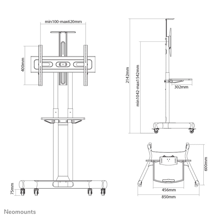 Neomounts NM-M1700 negro es un mueble móvil para pantallas planas de hasta 75 pulgadas (191 cm). Incluye plataforma para portátil - Negro