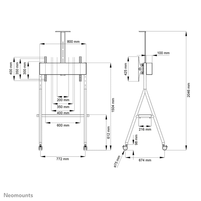 Neomounts NS-M1500black es un mueble móvil para pantallas planas de hasta 65 pulgadas (165 cm). Incluye plataforma para portátil - Negro