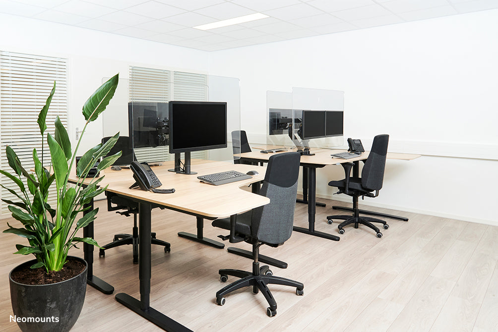 Neomounts NS-PLXPROTECT2 es una pantalla transparente para 2 pantallas planas y ofrece protección contra la distancia en el lugar de trabajo - Acrílico transparente, 100% reciclable | PLXPROTECT está registrado como patente de diseño de la UE |